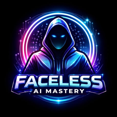 Neon glowing logo of hooded figure with blue eyes surrounded by circular rings and text reading FACELESS AI MASTERY on dark background