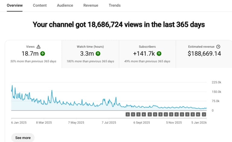 YouTube channel analytics dashboard showing 18.7M views, 3.3M watch hours, 141.7K subscribers, and $188,669.14 revenue over 365 days with a line graph